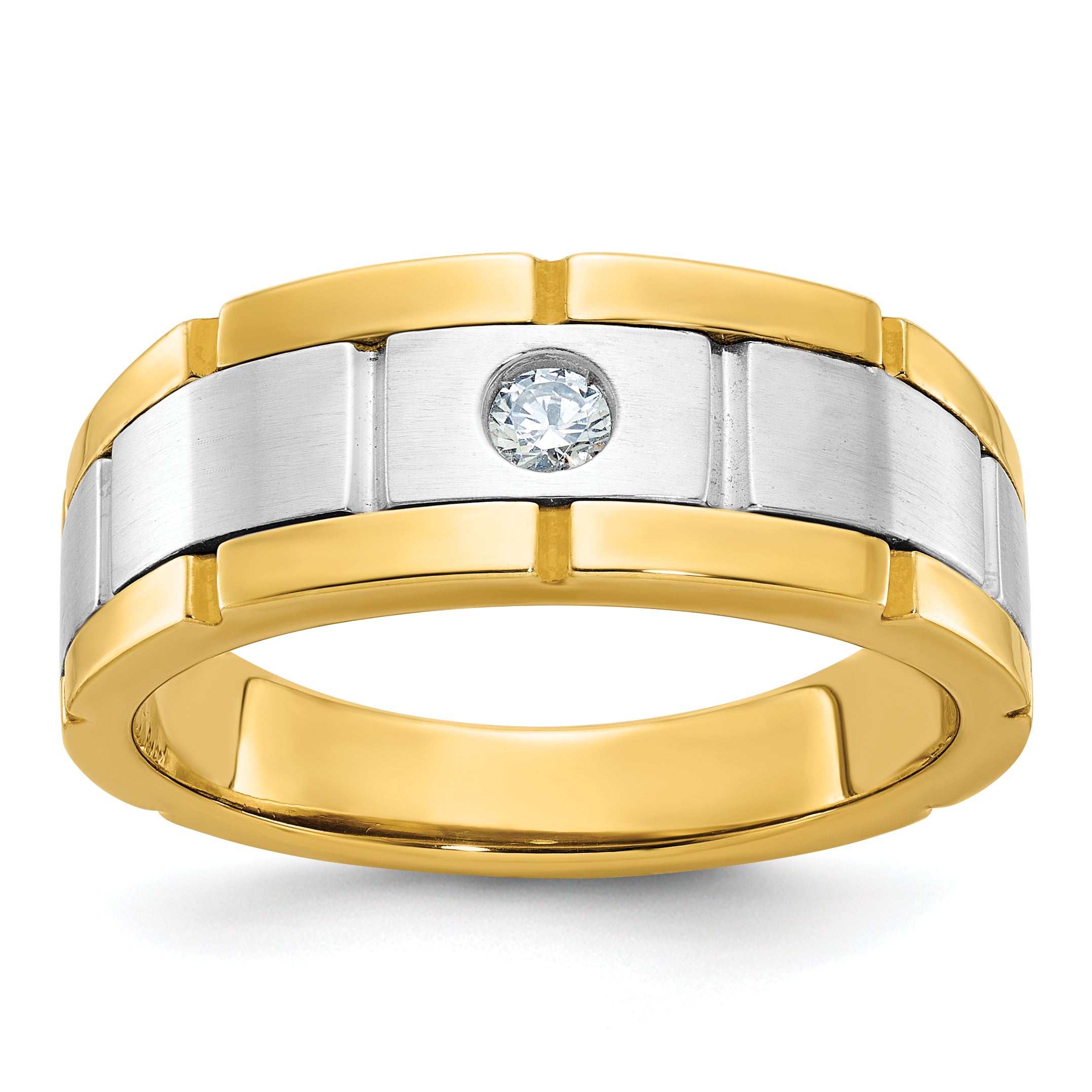 10k Two-tone Men's Polished Satin and Grooved 1/10 Carat A Quality Diamond Ring