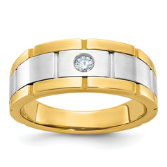 10k Two-tone Men's Polished Satin and Grooved 1/10 Carat A Quality Diamond Ring