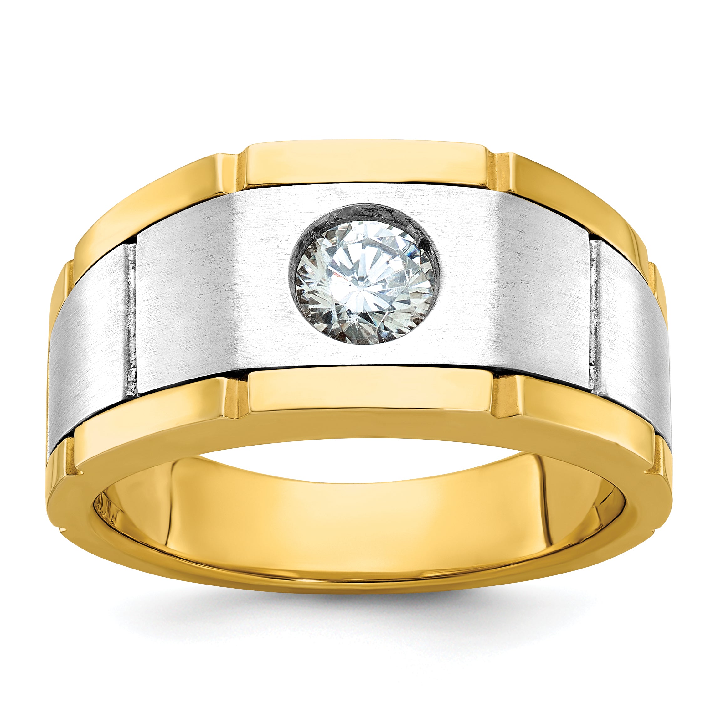 10k Two-tone Men's Polished Satin and Grooved 1/2 Carat A Quality Diamond Ring