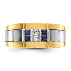 10k Two-tone Men's Polished and Grooved Lab Created Sapphire and 1/10 Carat A Quality Diamond Ring