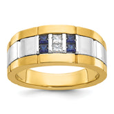 10k Two-tone Men's Polished and Grooved Lab Created Sapphire and 1/10 Carat A Quality Diamond Ring