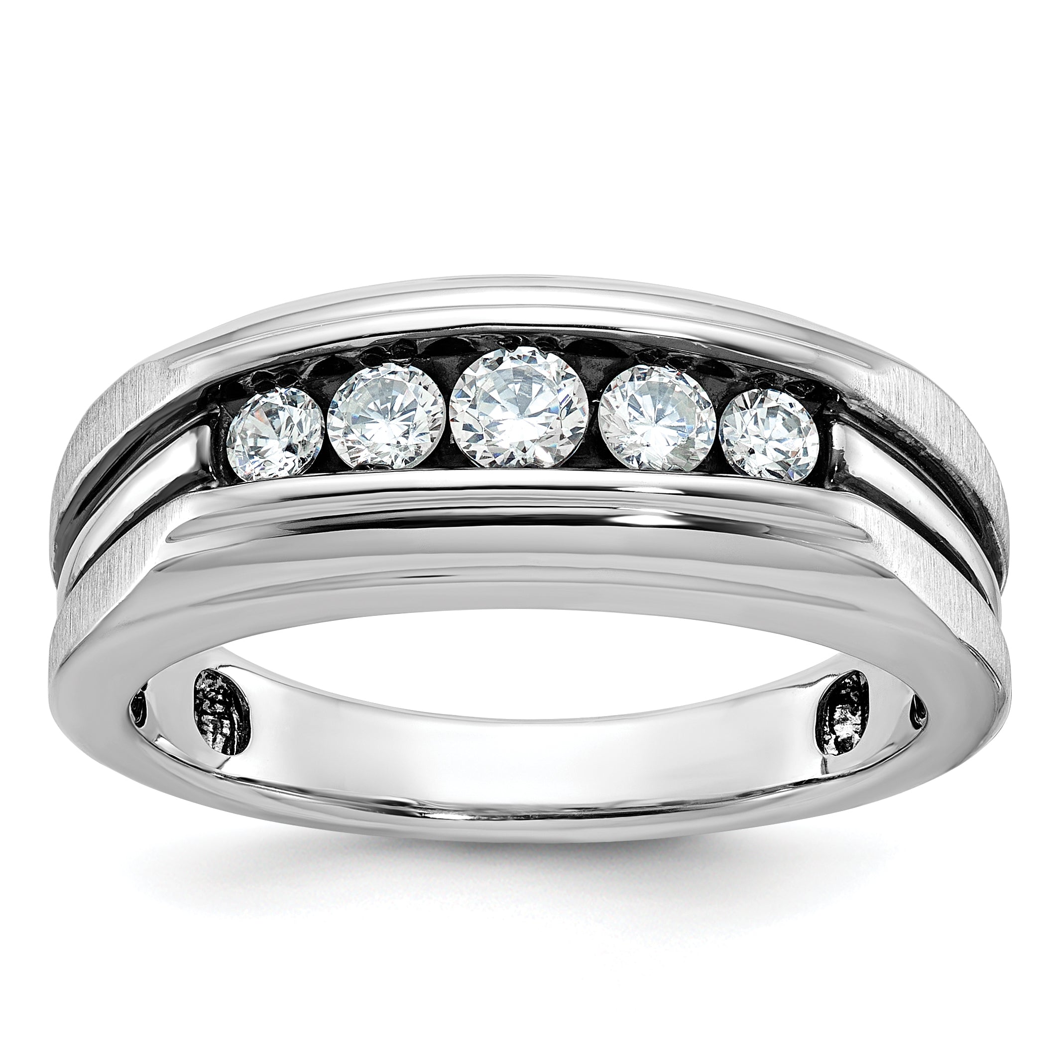 10k White Gold with Black Rhodium Men's Polished Satin and Grooved 5-Stone 1/2 Carat A Quality Diamond Ring