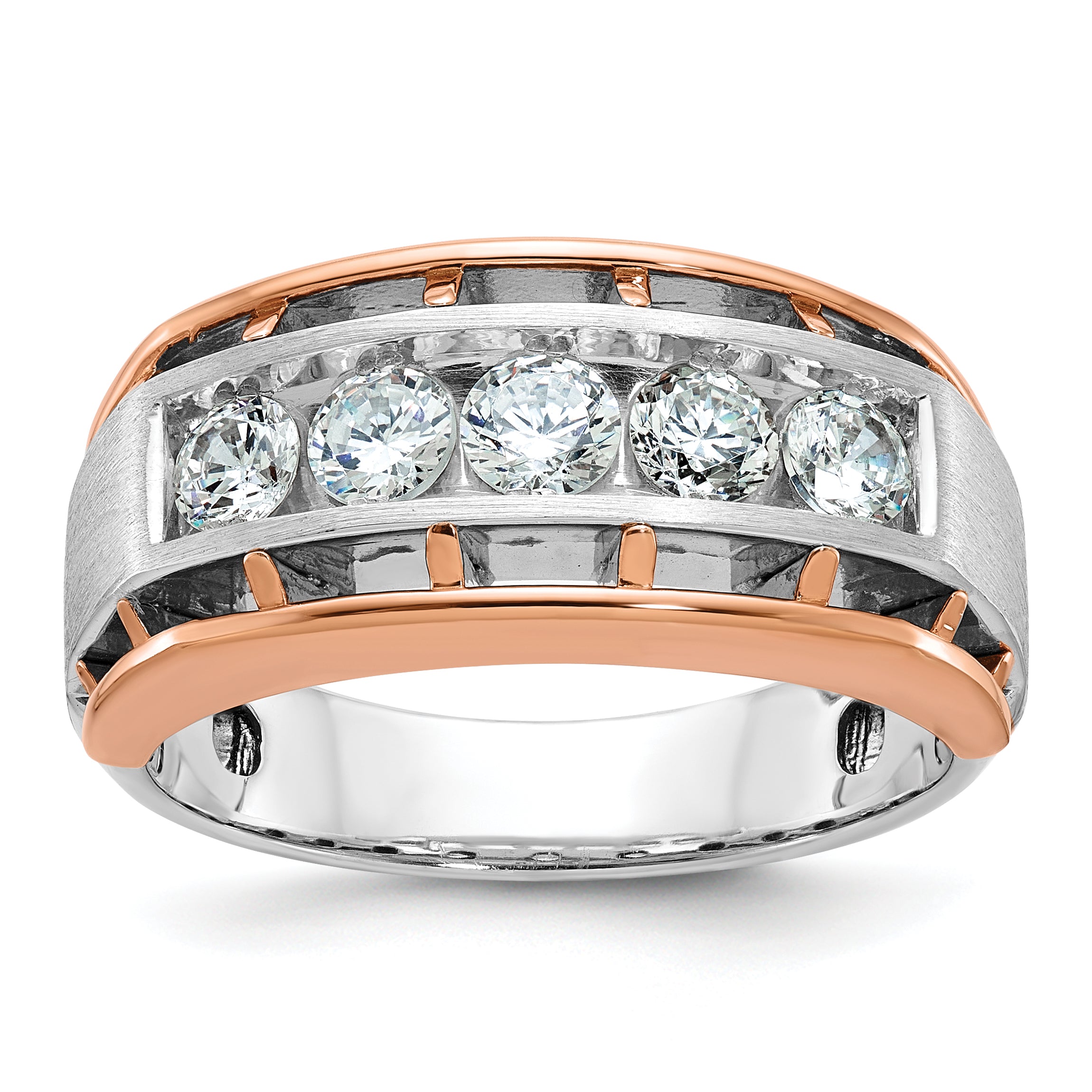 10k White and Rose Gold Men's Polished Satin and Cut-Out 5-Stone 1 Carat A Quality Diamond Ring