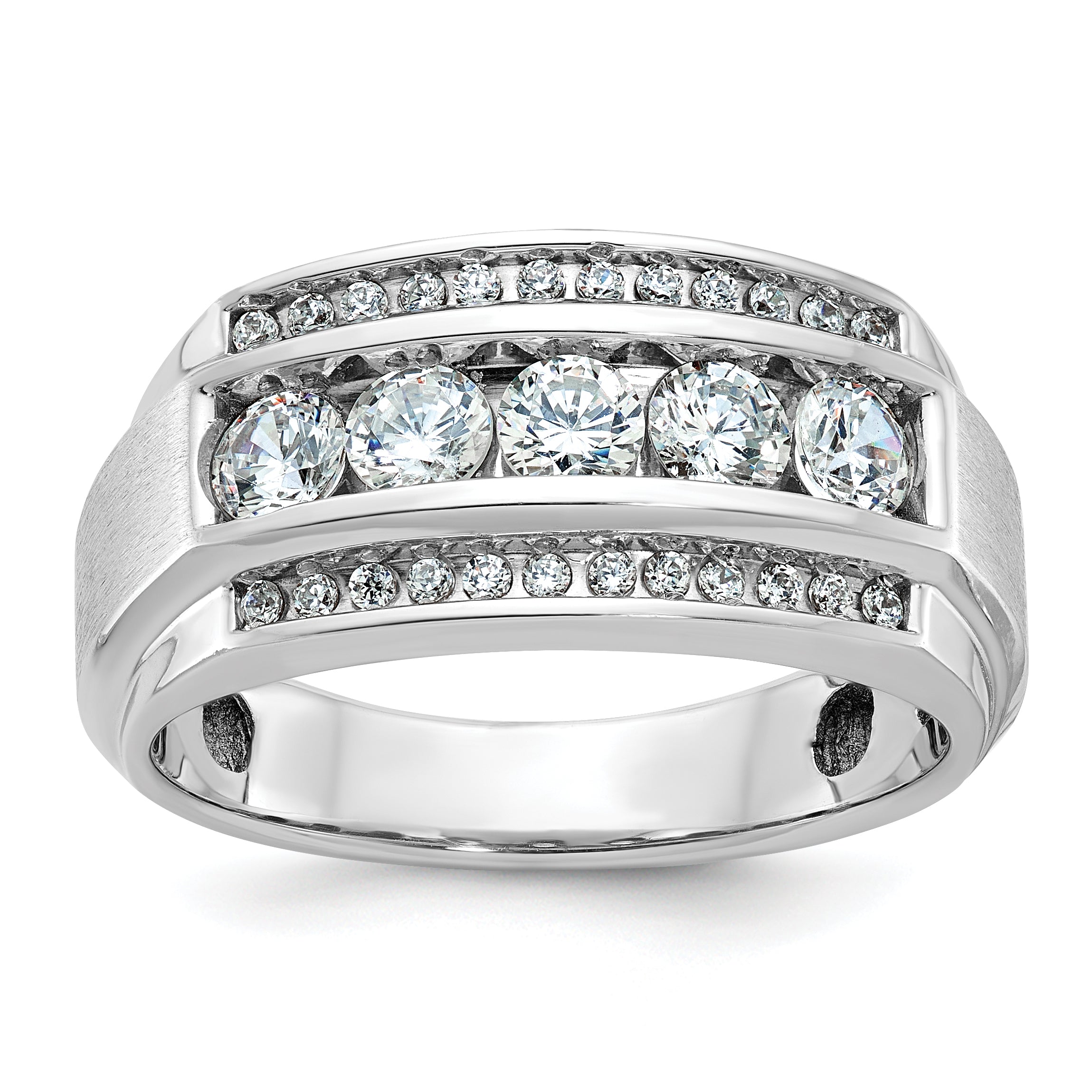 10k White Gold Men's Polished and Satin 3-Row 1 1/4 Carat A Quality Diamond Ring