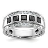 14k White Gold Men's Polished and Grooved Square Black and White 1 1/5 Carat AA Quality Diamond 5-Stone Ring