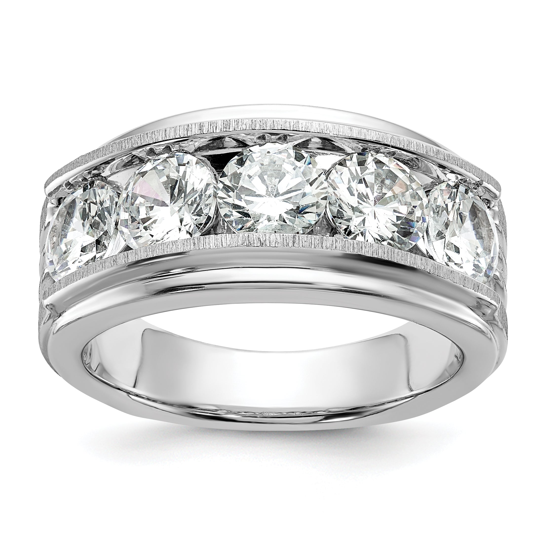 True Origin 14k White Gold 3 1/2 carat Lab Grown Diamond VS+ F+ Five Stone Complete Polished Brushed and Grooved Men's Ring