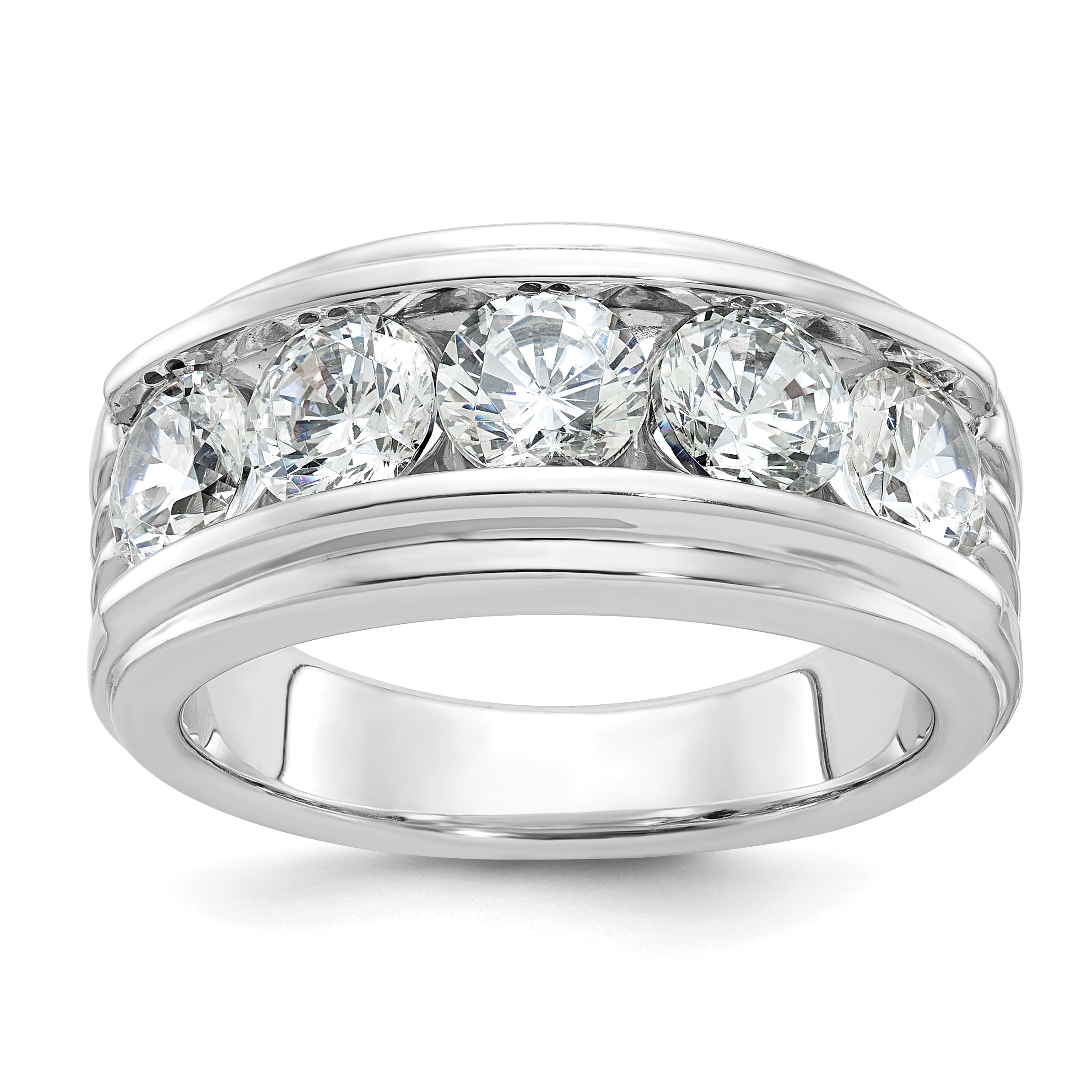 14k White Gold Five Stone Polished Brushed and Grooved Men's Ring Mounting (No Stones Included)