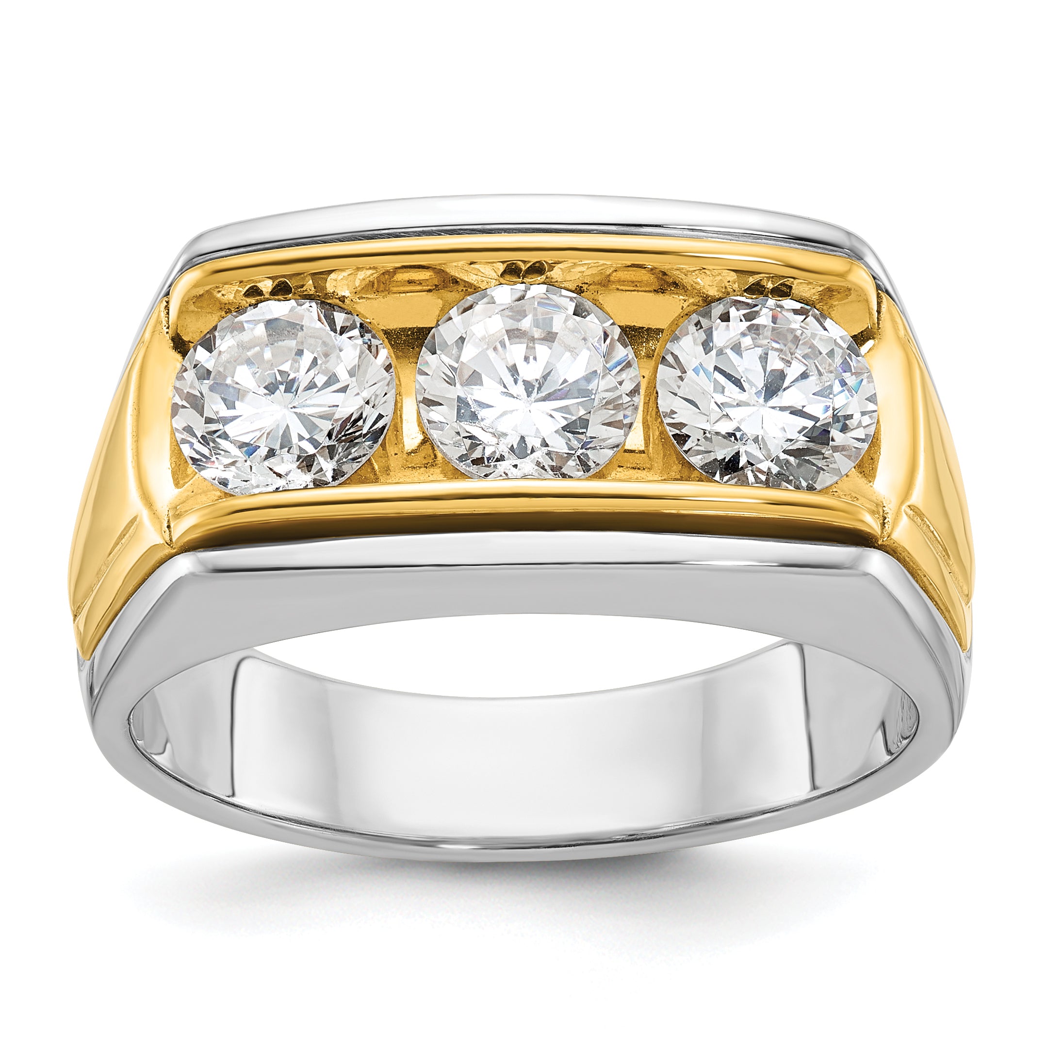 14k Two-tone Men's Polished and Grooved 3-Stone Ring Mounting (No Stones Included)