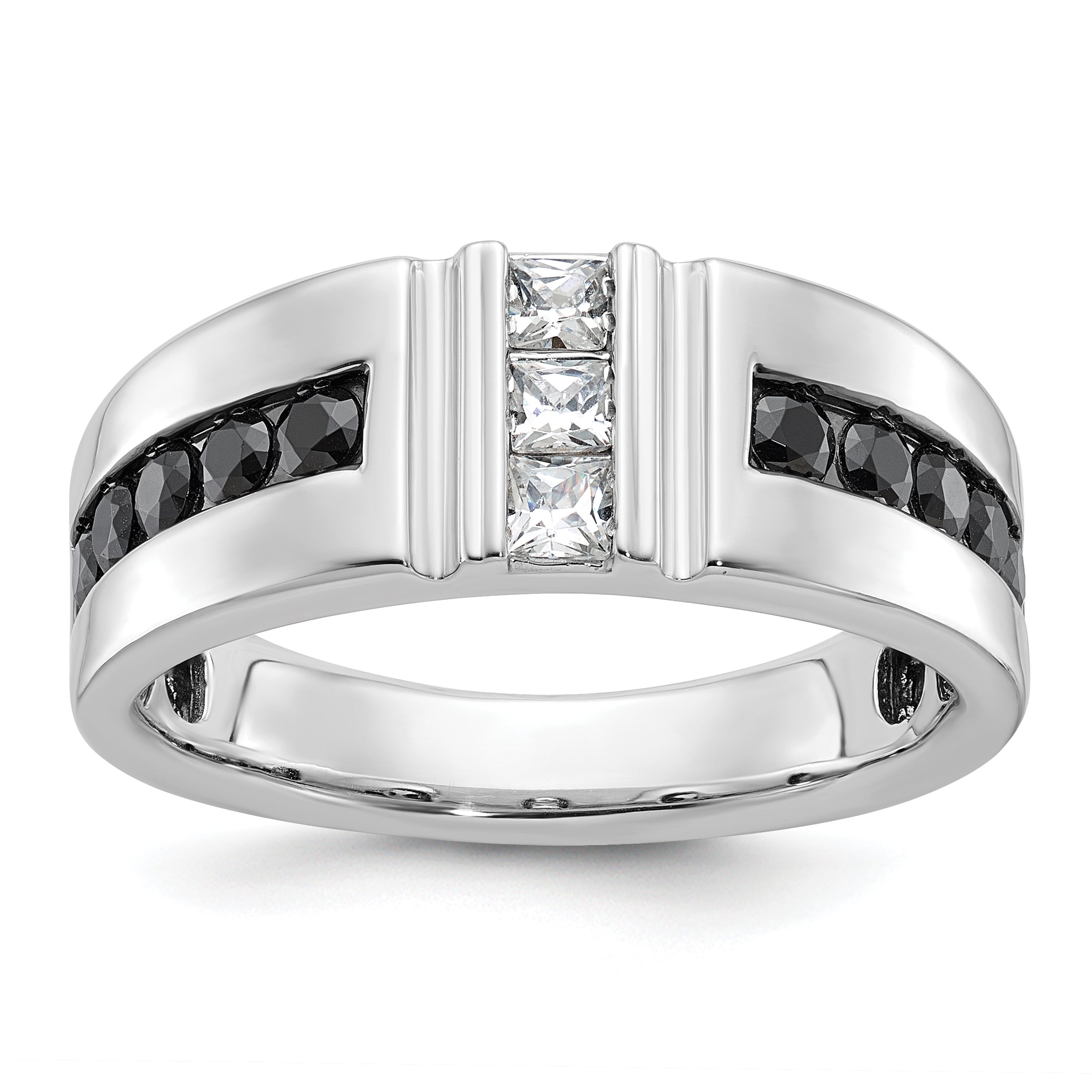 10k White Gold Men's Polished and Grooved Black and White 1 Carat A Quality Diamond Ring