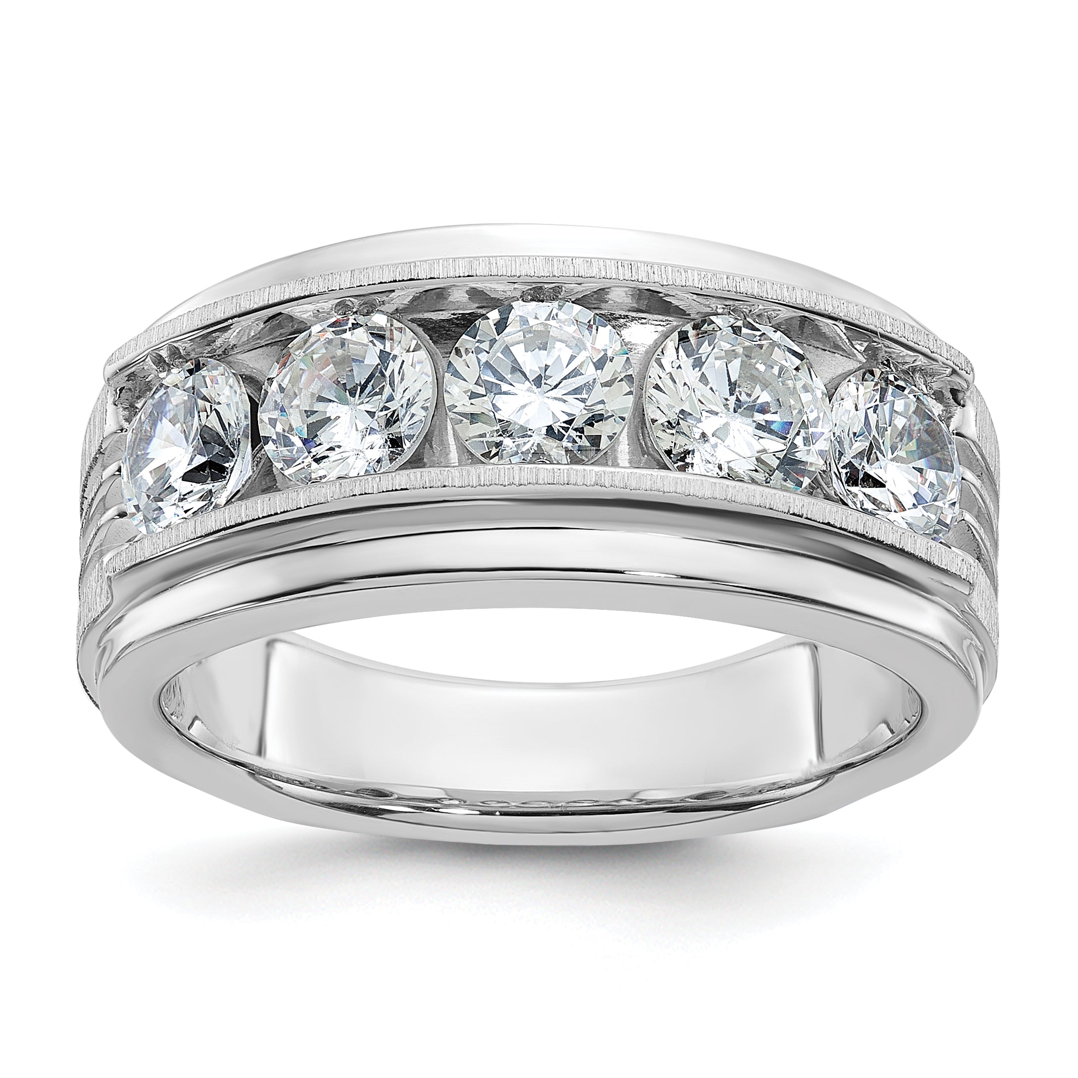 14k White Gold 2 carat Lab Grown Diamond VS/SI+ G+ Five Stone Complete Polished Satin and Grooved Men's Ring
