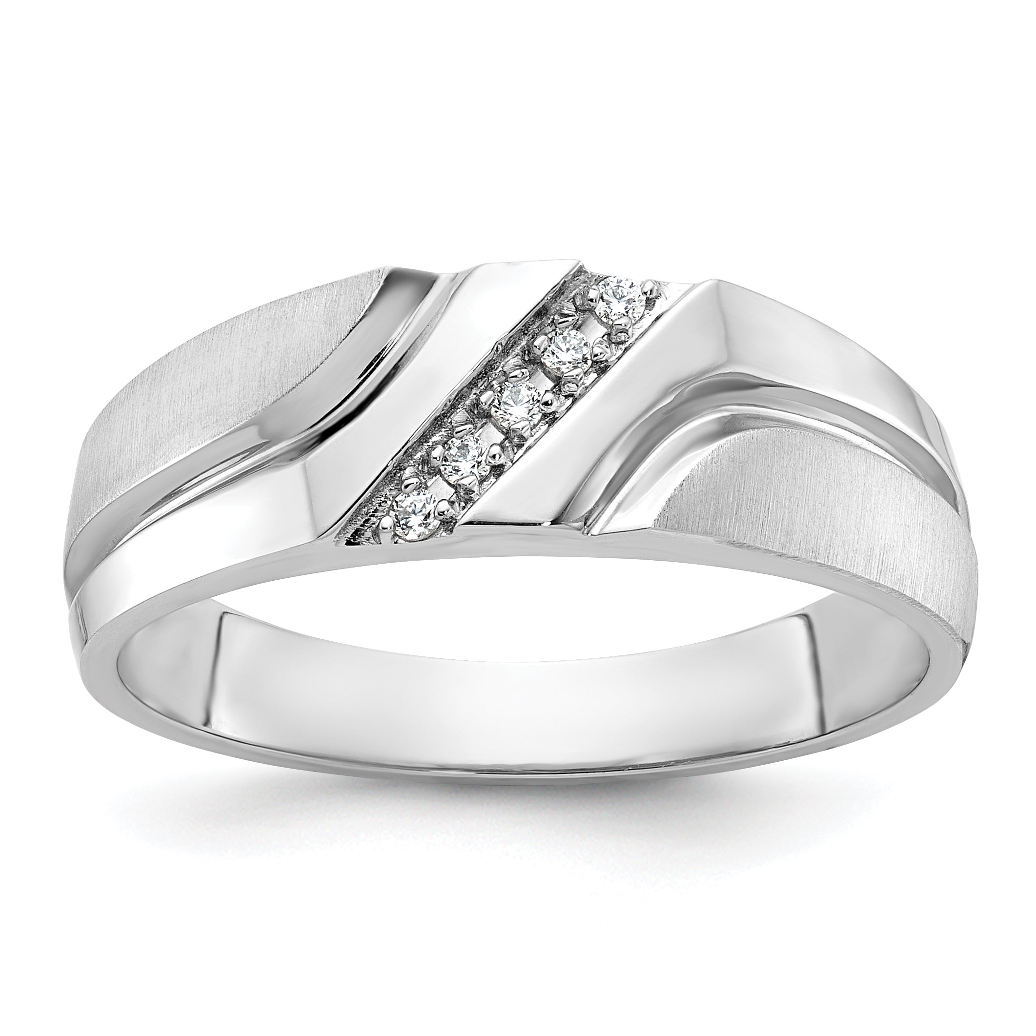 10k White Gold Men's Polished Satin and Grooved 5-Stone 1/20 Carat A Quality Diamond Ring
