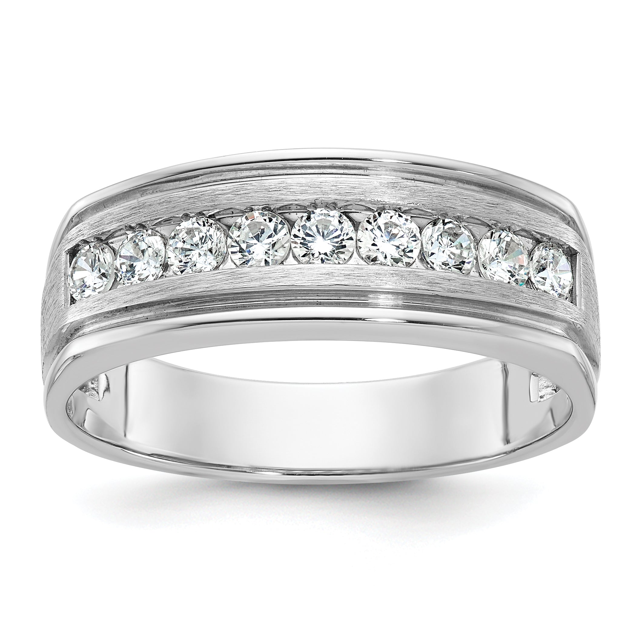 14k White Gold Men's Polished Brushed and Grooved 9-Stone Ring Mounting - Sophia Jewelers