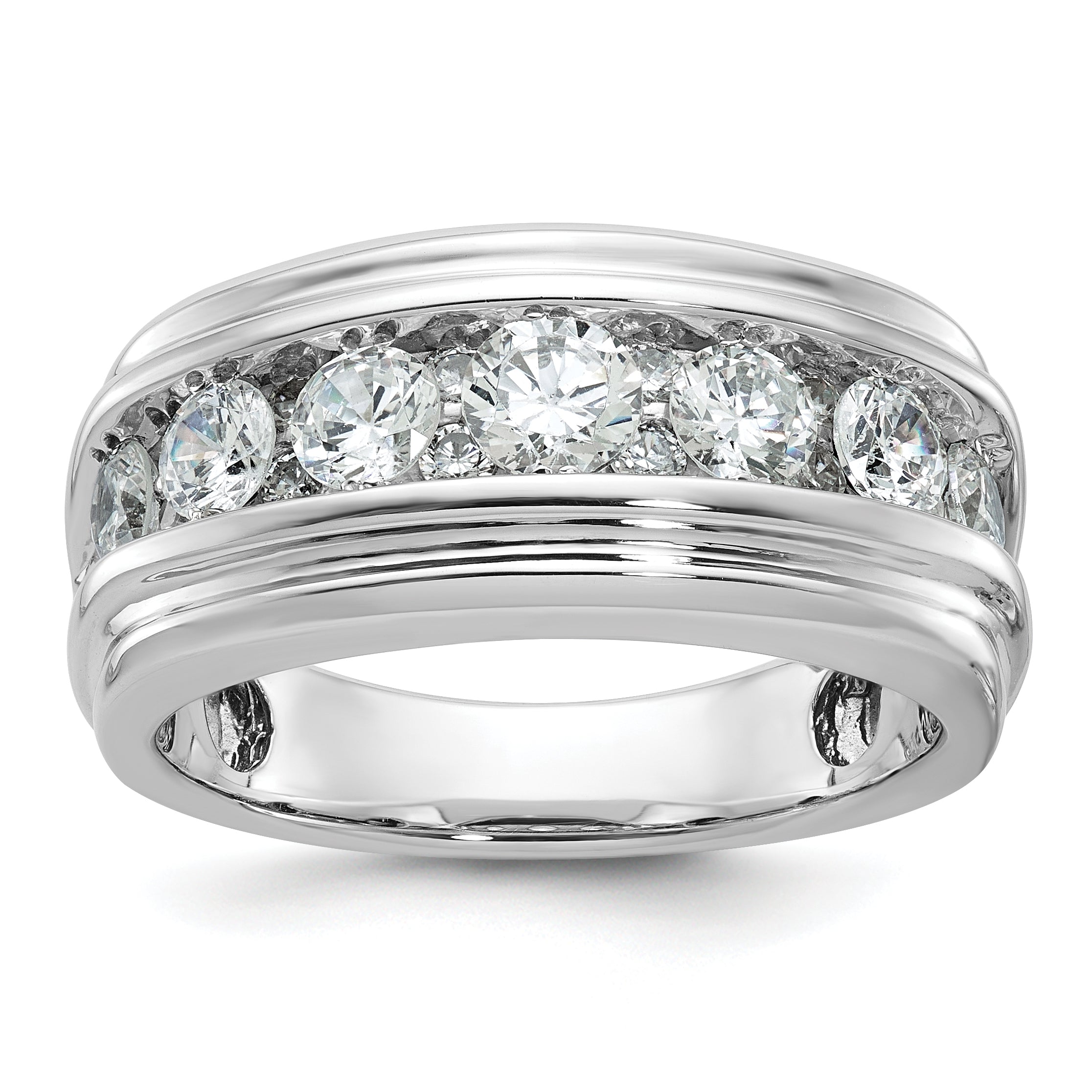 10k White Gold Men's Polished and Grooved 2 Carat A Quality Diamond Ring