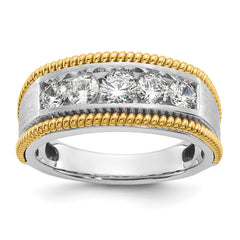 14k Two-tone 1 carat Lab Grown Diamond VS/SI+ G+ Five Stone Complete Polished Satin and Textured Men's Ring