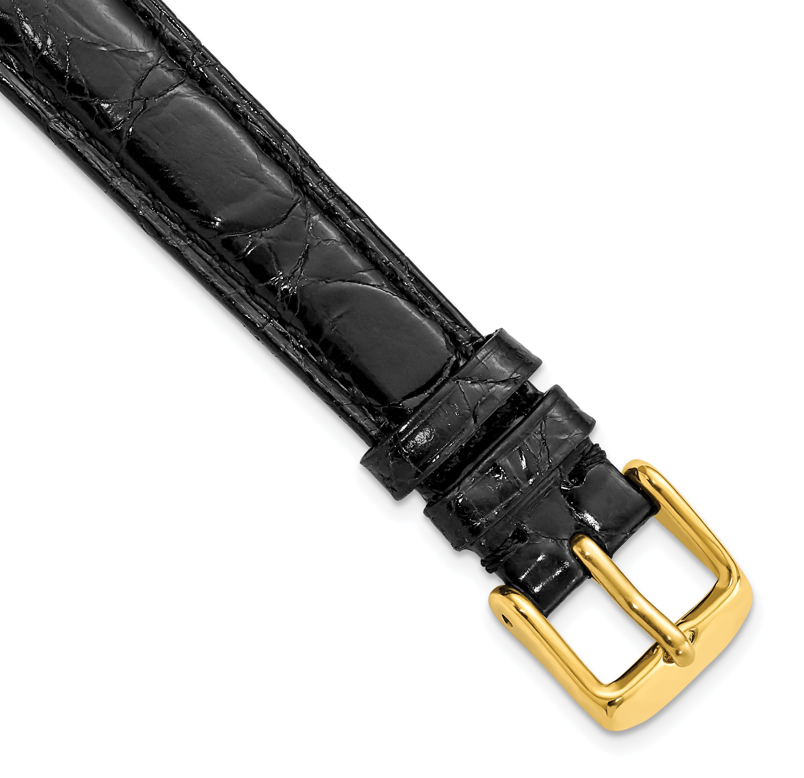 10mm Long Black Genuine Caiman Leather with Gold-tone Buckle 7.75 inch Watch Band