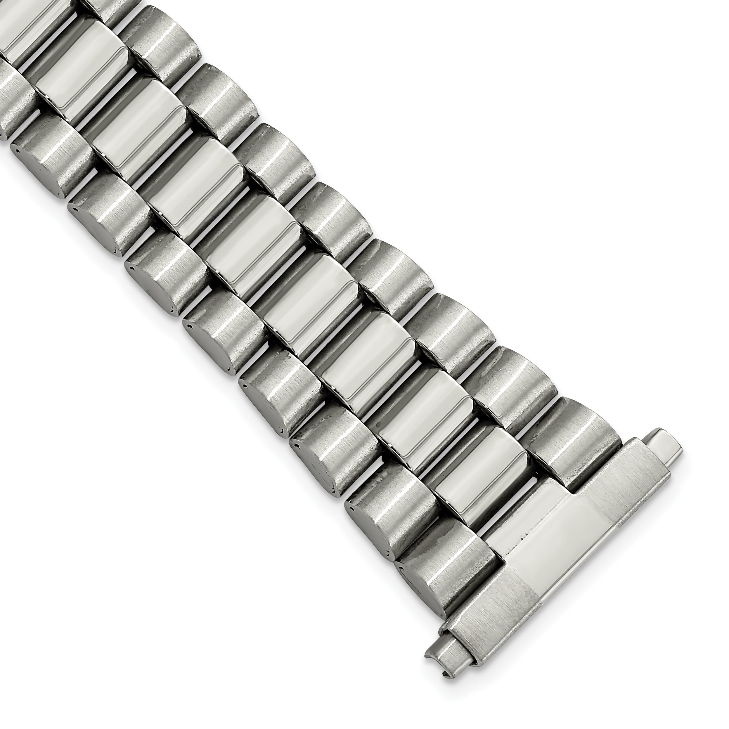 Long 22-26mm President-Style Satin and Polished Stainless Steel with Deployment Buckle 7 inch Watch Band