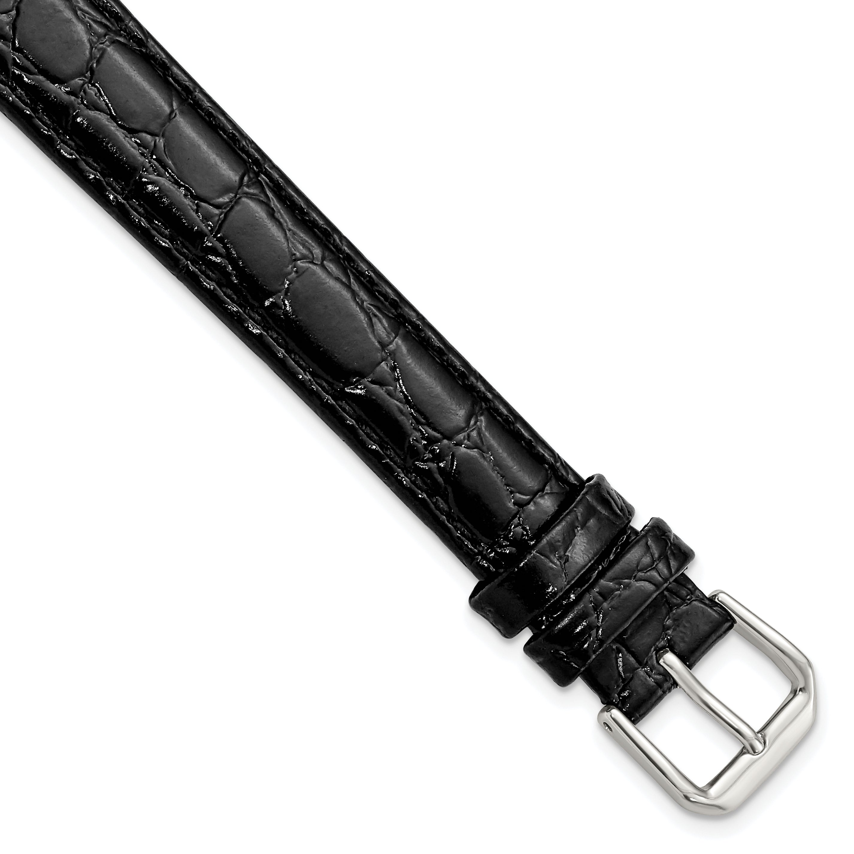 16mm Extra Long Black Alligator Grain Leather with Silver-tone Buckle 9.5 inch Watch Band