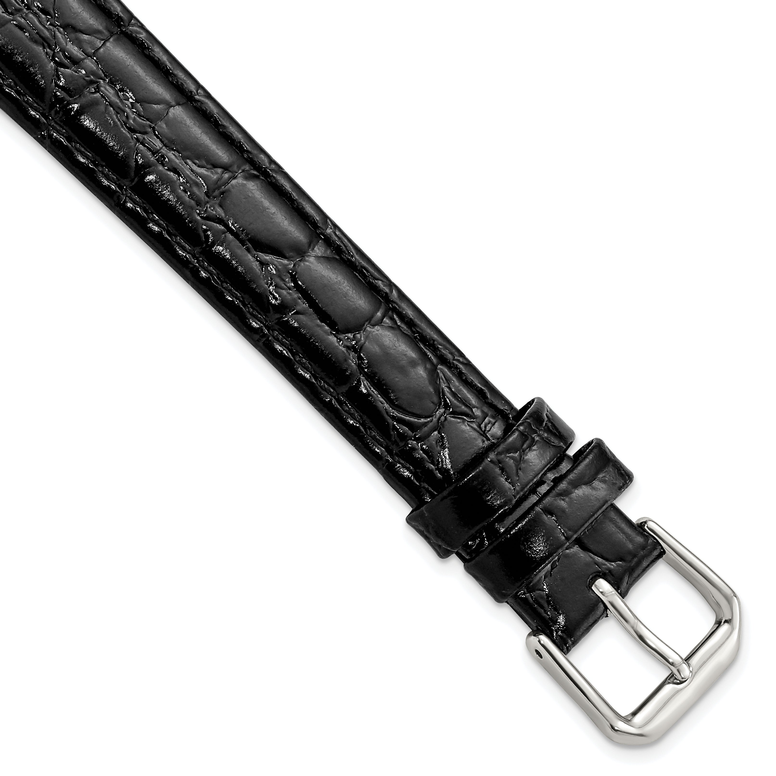 16mm Long Black Alligator Grain Leather with Silver-tone Buckle 8.5 inch Watch Band