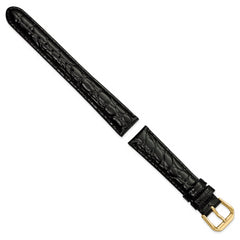 16mm Short Black Alligator Grain Leather with Gold-tone Buckle 6.75 inch Watch Band