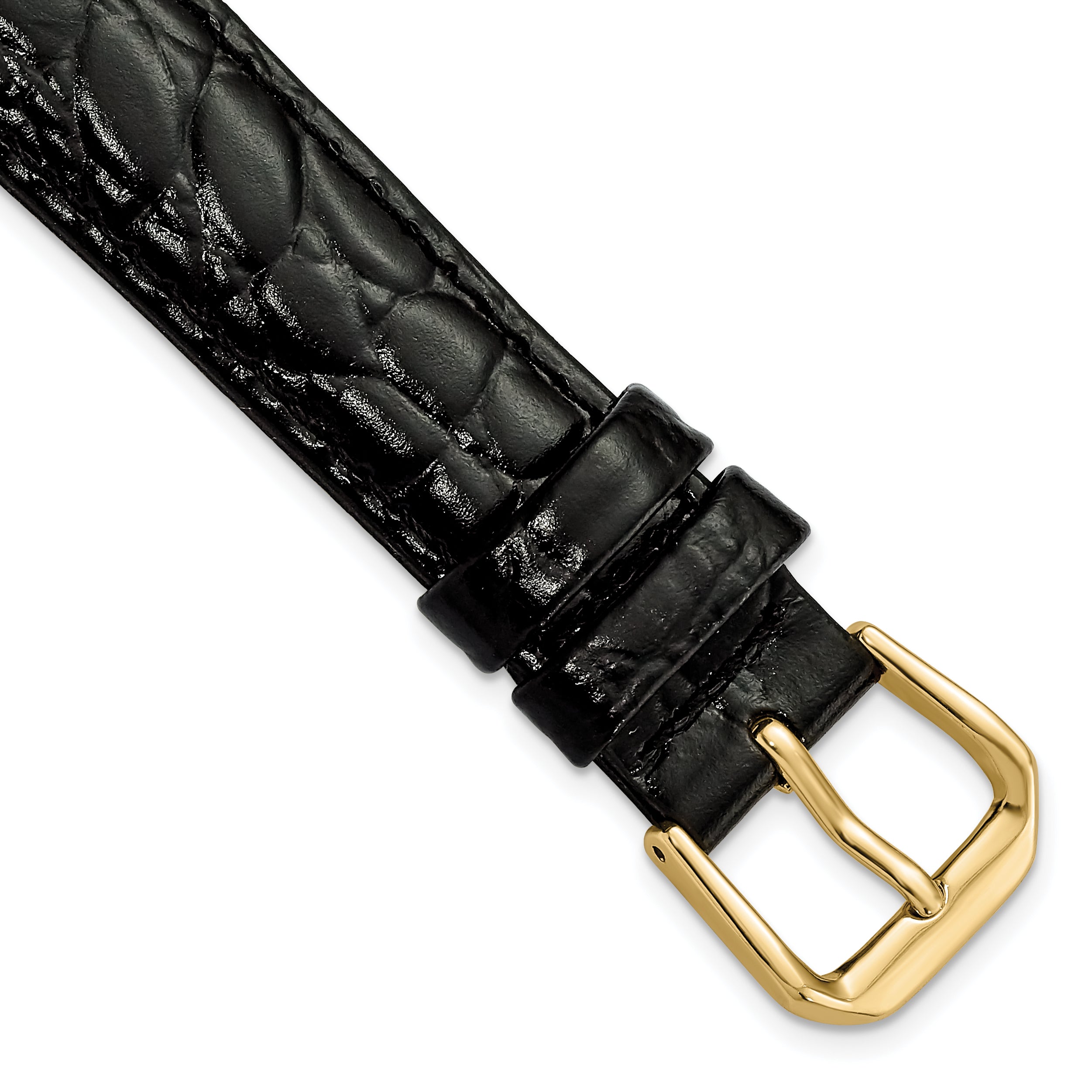 16mm Short Black Alligator Grain Leather with Gold-tone Buckle 6.75 inch Watch Band