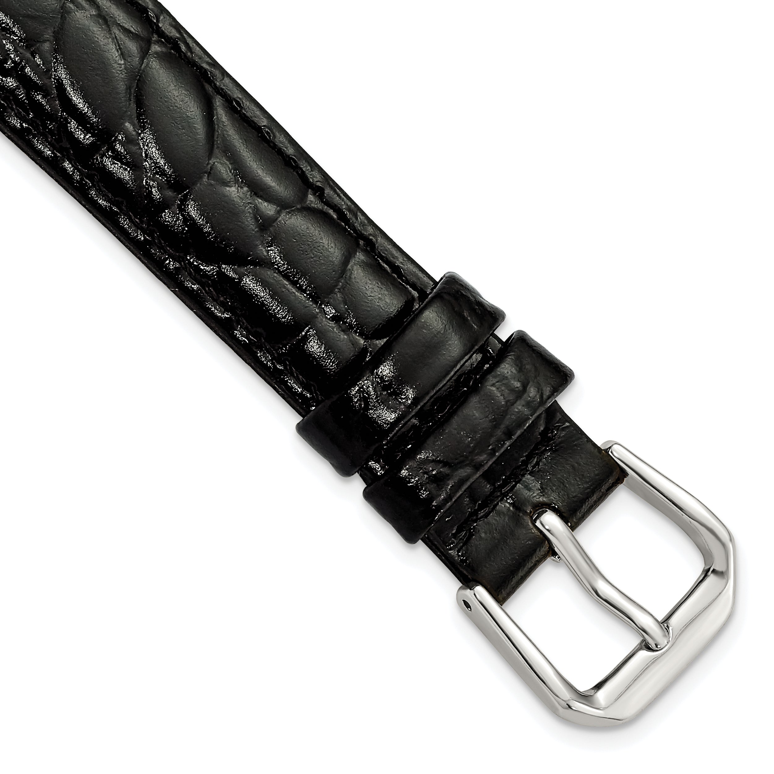 16mm Short Black Alligator Grain Leather with Silver-tone Buckle 6.75 inch Watch Band