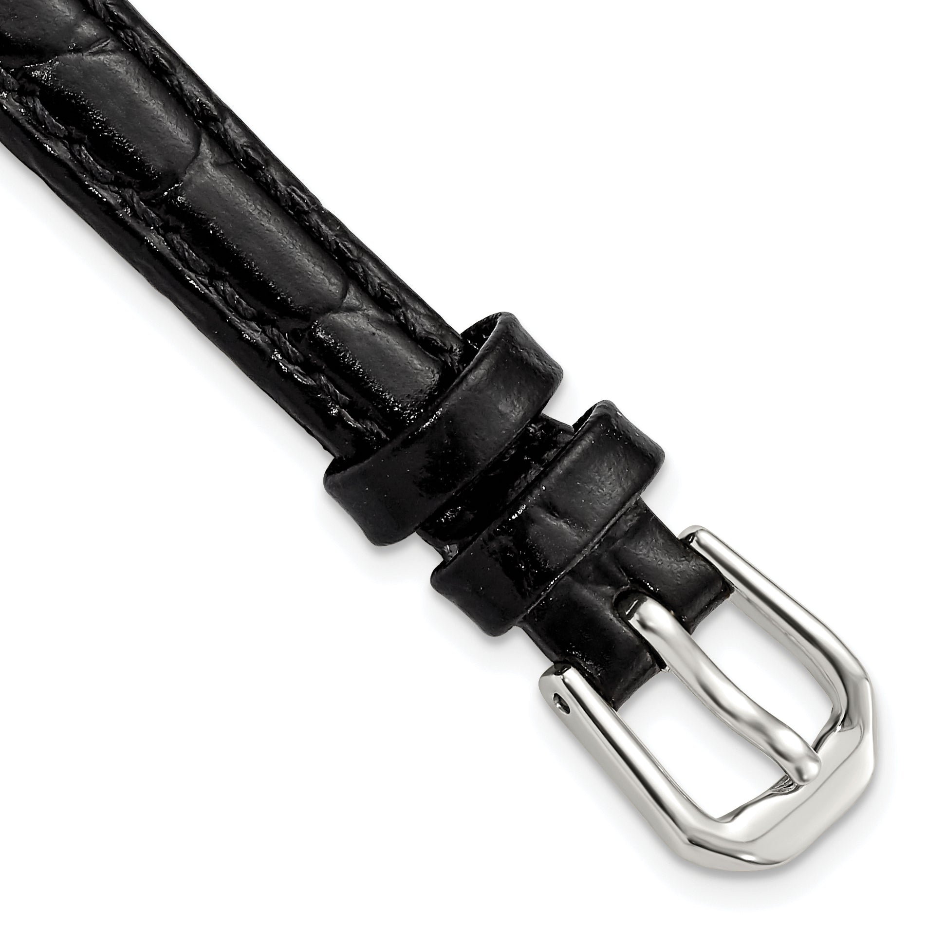 10mm Black Alligator Grain Leather with Silver-tone Buckle 6.75 inch Watch Band