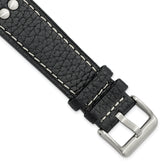 22mm Black Flat Stitched Calfskin Leather with Studs and Stainless Steel Buckle 8 inch Watch Band