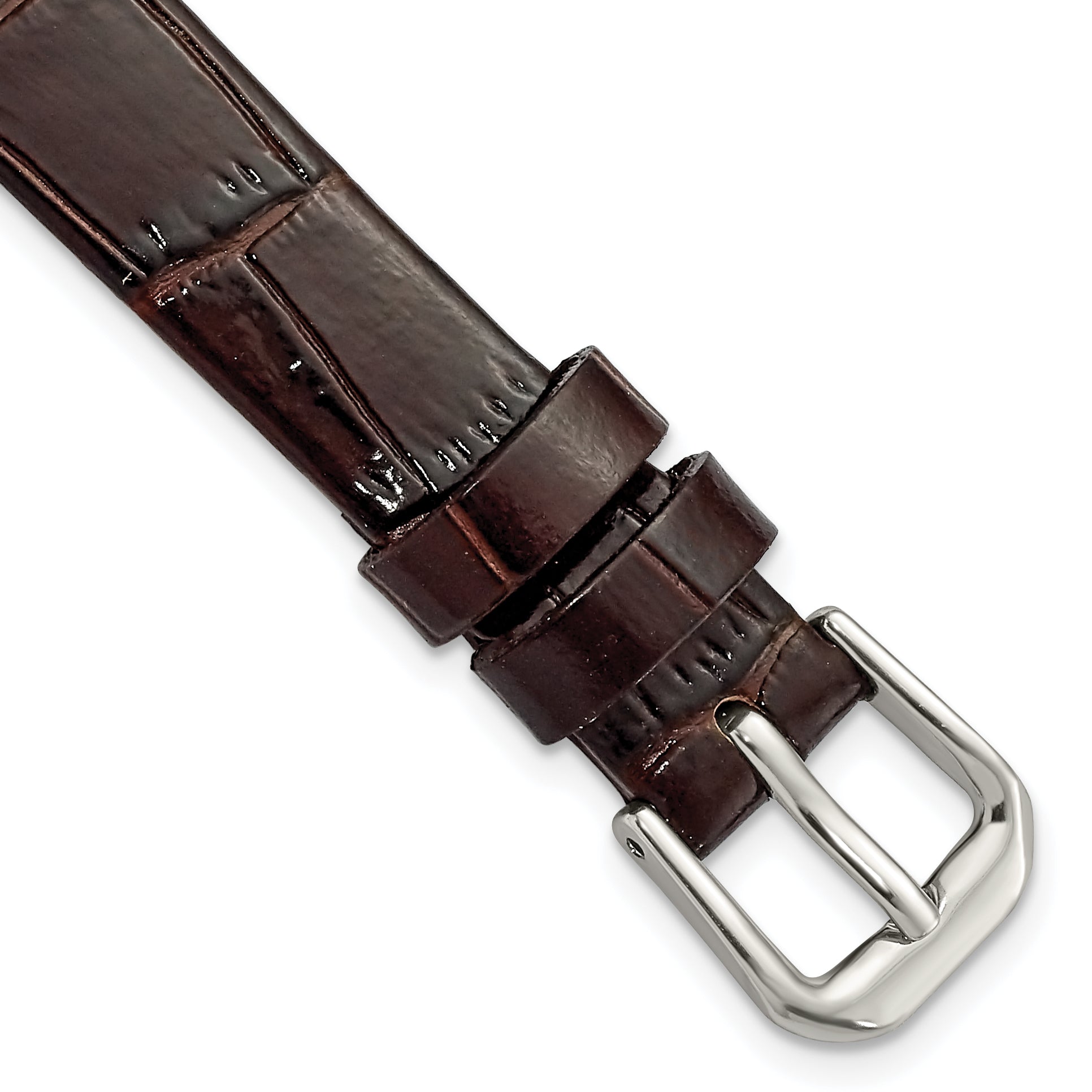 12mm Dark Brown Flat Alligator Grain Leather with Silver-tone Buckle 7.5 inch Watch Band