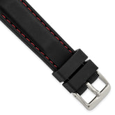 20mm Black Smooth Silicone with Red Stitching and Silver-tone Buckle 8 inch Watch Band