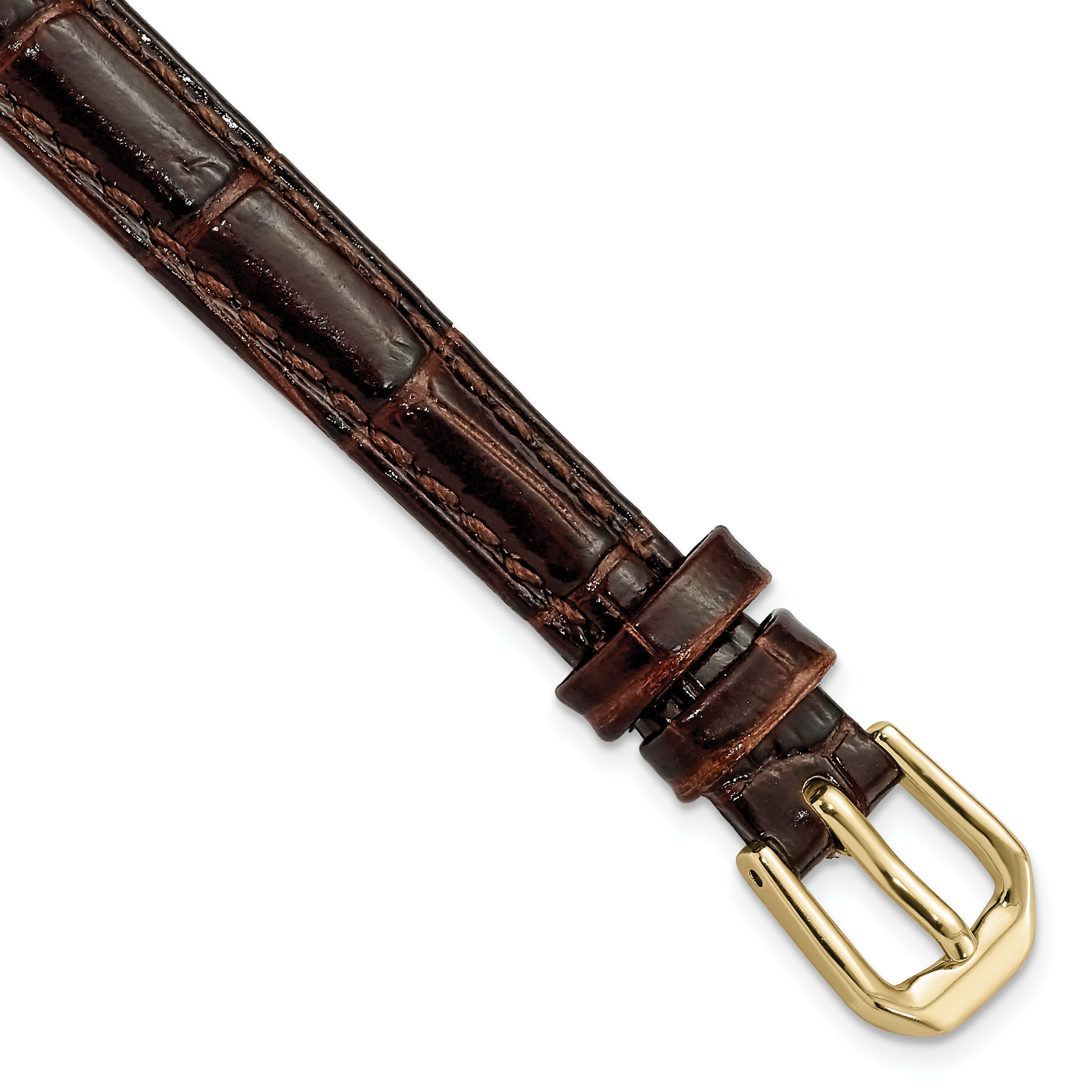 10mm Brown Crocodile Grain Leather with Dark Stitching and Gold-tone Buckle 6.75 inch Watch Band