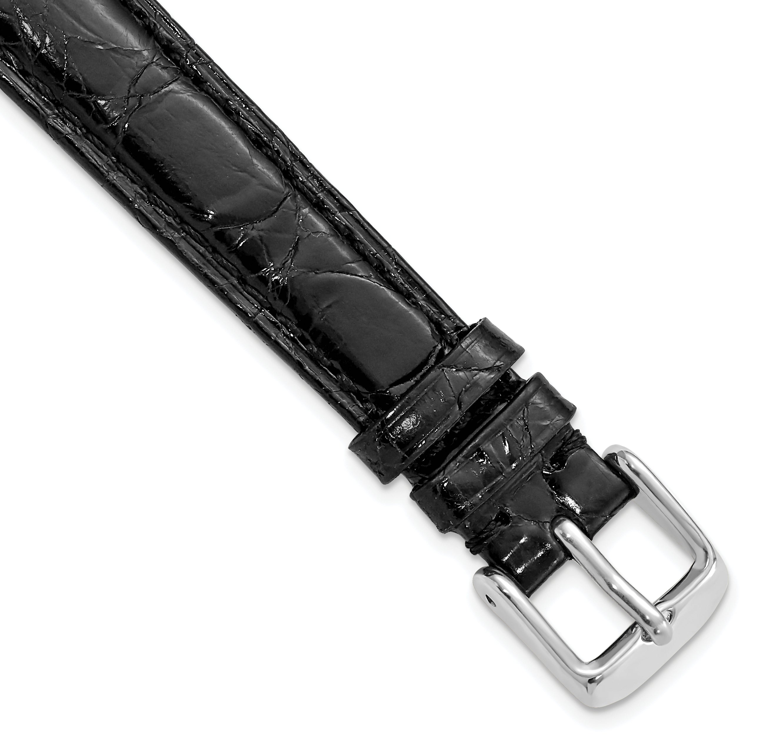 10mm Long Black Genuine Caiman Leather with Silver-tone Buckle 7.75 inch Watch Band