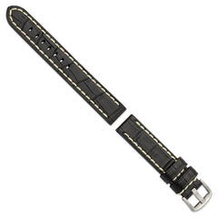18mm Black Matte Alligator Grain Leather with White Stitching and Silver-tone Panerai Style Buckle 8 inch Watch Band