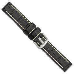 18mm Black Matte Alligator Grain Leather with White Stitching and Silver-tone Panerai Style Buckle 8 inch Watch Band