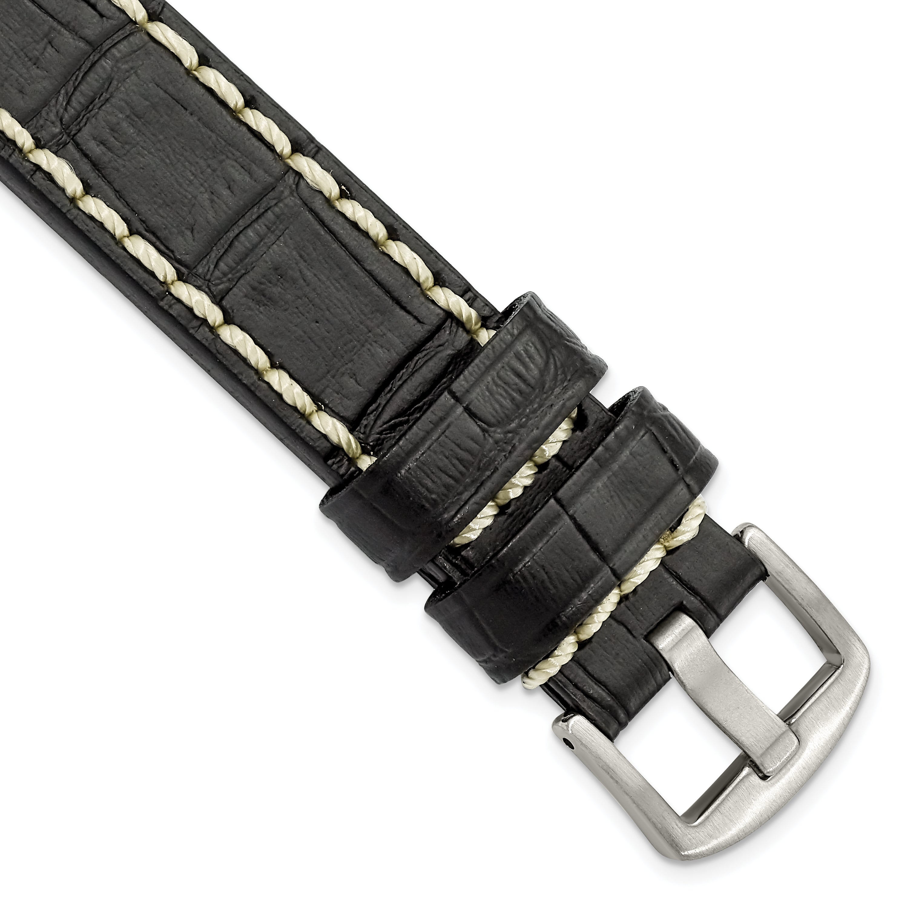 18mm Black Matte Alligator Grain Leather with White Stitching and Silver-tone Panerai Style Buckle 8 inch Watch Band