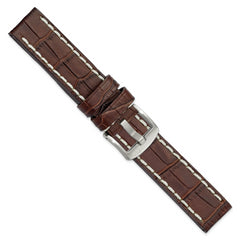 18mm Brown Matte Alligator Grain Leather with White Stitching and Silver-tone Panerai Style Buckle 8 inch Watch Band