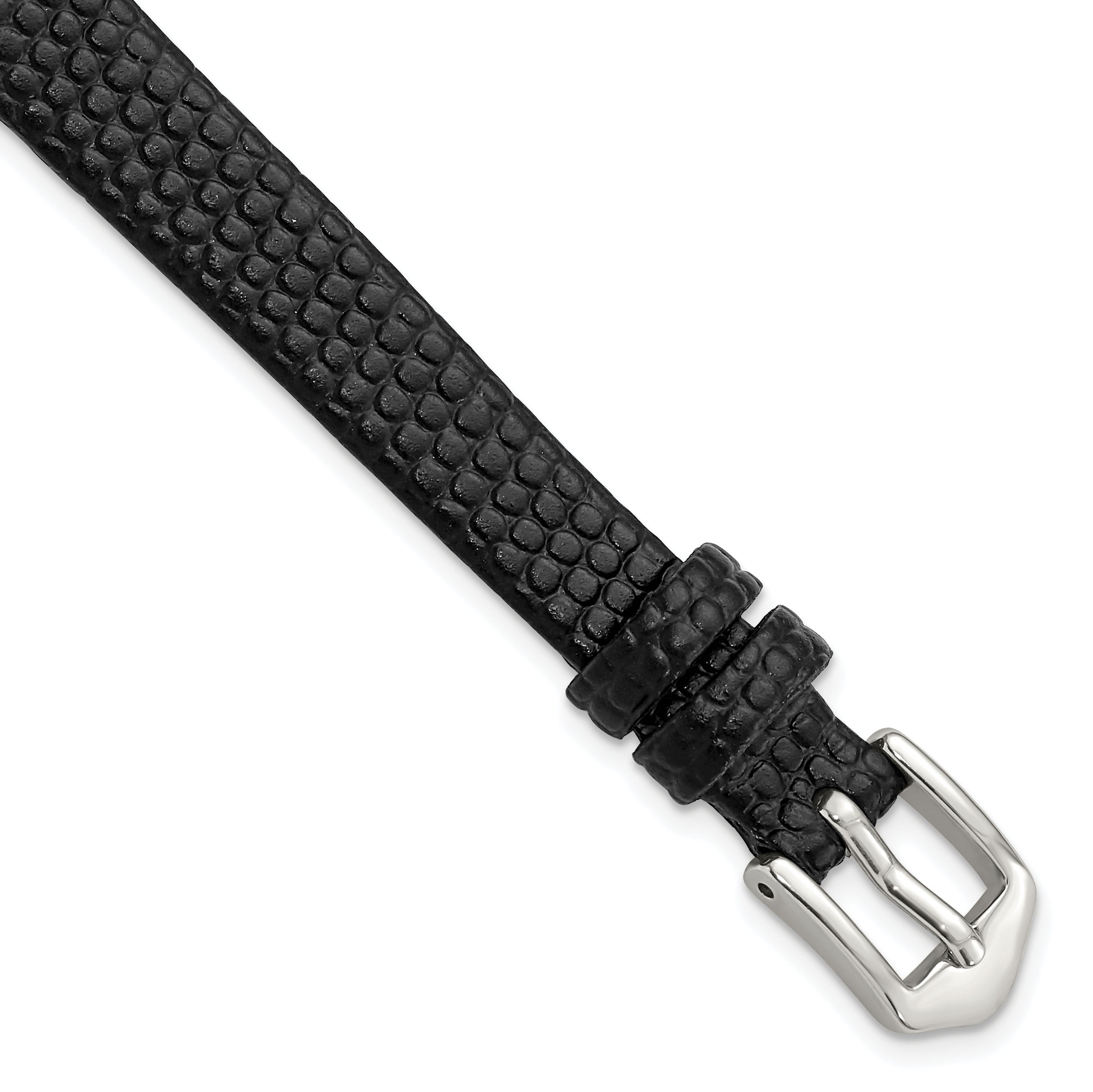10mm Black Flat Lizard Grain Calfskin Leather with Silver-tone Aluminum Buckle 6.75 inch Watch Band