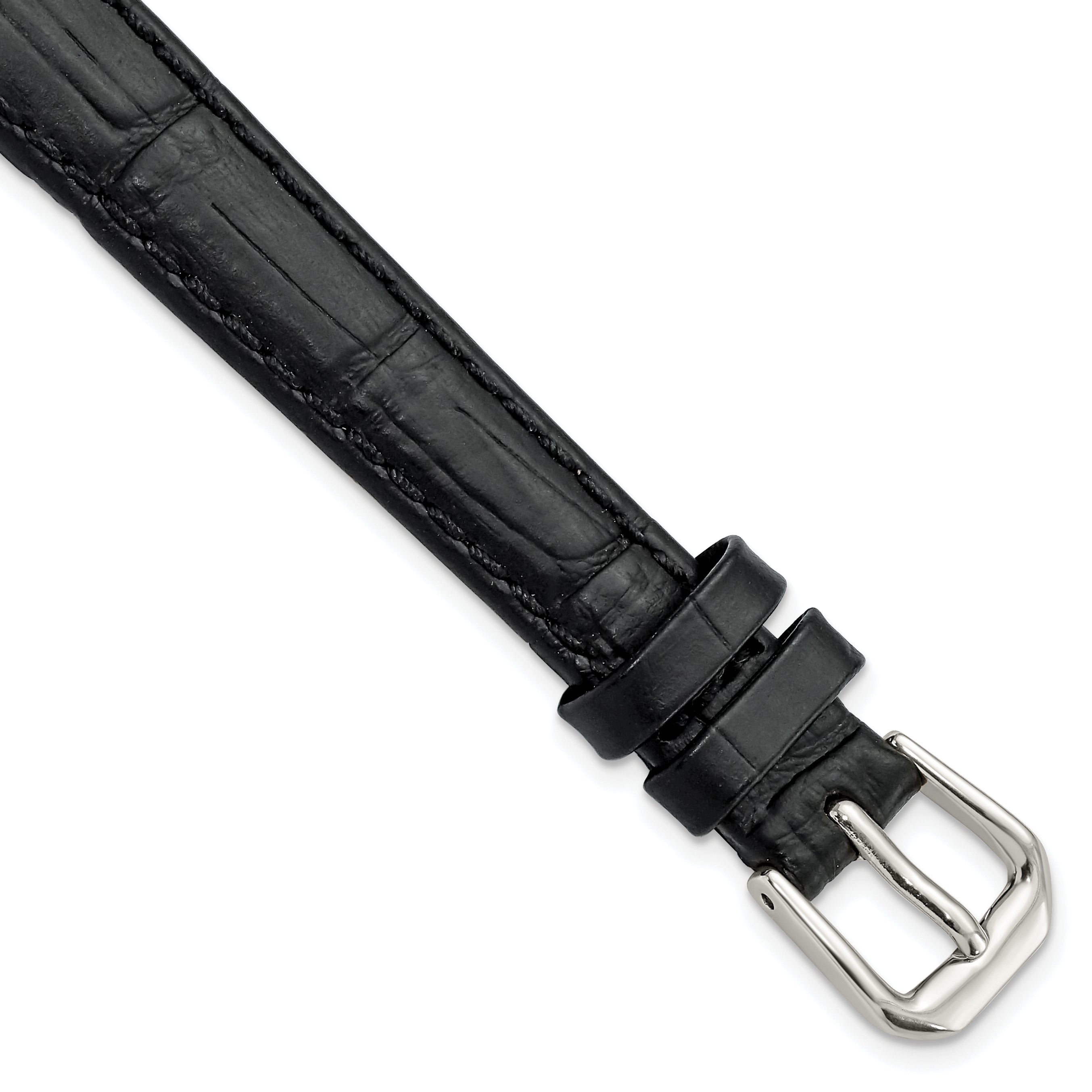 12mm Black Matte Wild Alligator Grain Leather with Silver-tone Buckle 6.75 inch Watch Band