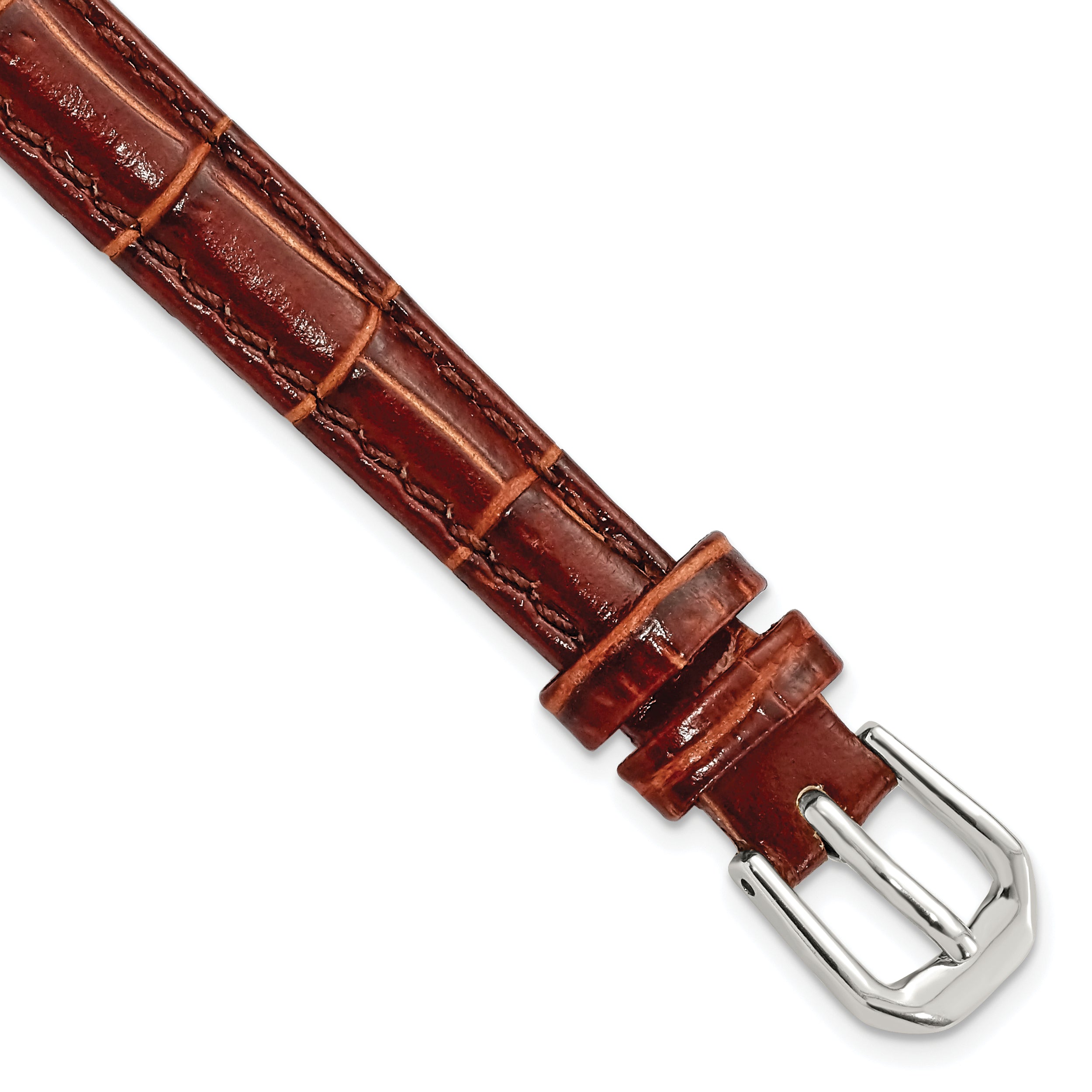 10mm Havana Crocodile Grain Leather with Dark Stitching and Silver-tone Buckle 6.75 inch Watch Band
