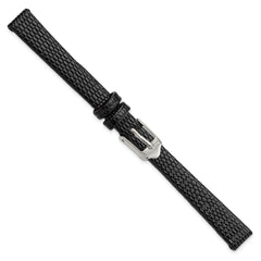 10mm Flat Black Lizard Grain Leather with Silver-tone Buckle 6.75 inch Watch Band