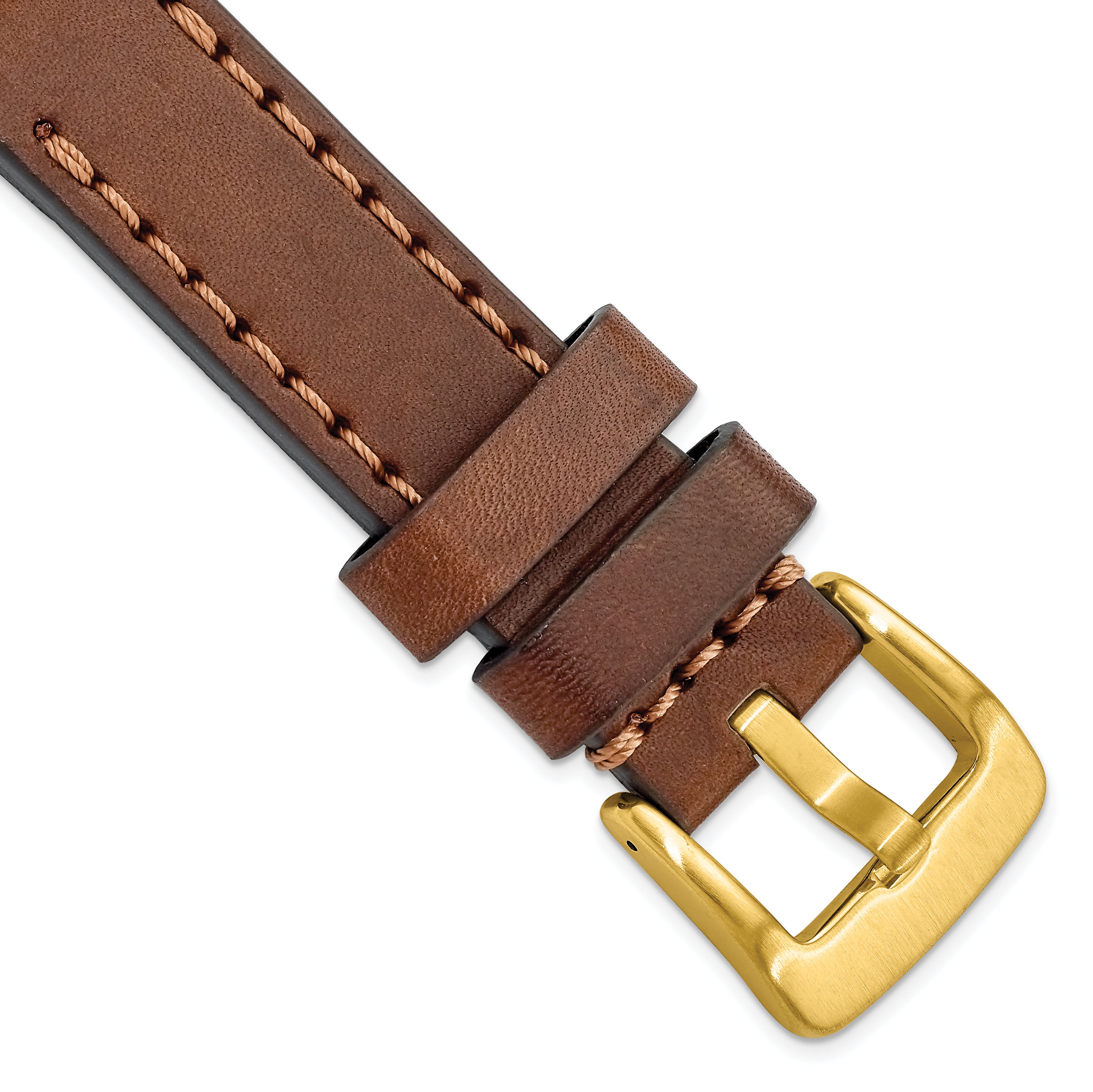 20mm Brown Thick and Heavy Sport Calfskin Leather with Brown Stitching and Yellow IP-plated Stainles - Sophia Jewelers