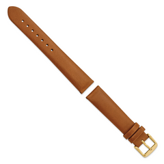 18mm Light Brown Padded No-Stitch Calfskin Leather with Yellow IP-plated Stainless Steel Buckle 7.5 inch Watch Band