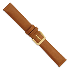18mm Light Brown Padded No-Stitch Calfskin Leather with Yellow IP-plated Stainless Steel Buckle 7.5 inch Watch Band