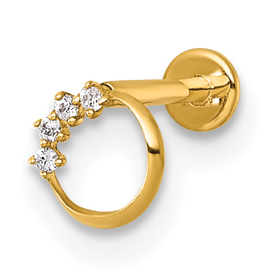 14k 18 Gauge Polished CZ Open Circle Labret Stud