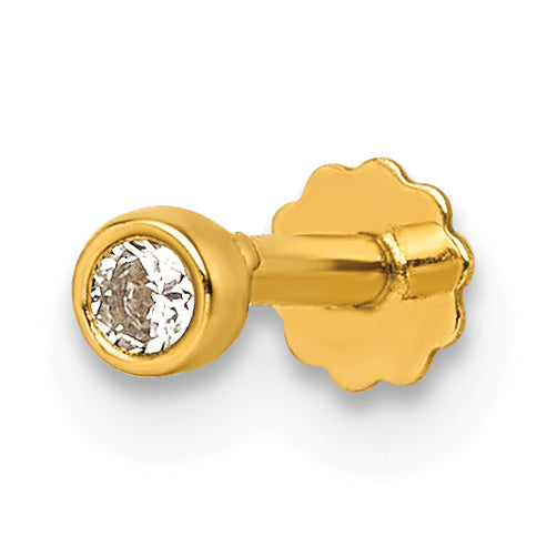14K Polished Round Bezel CZ 16 Gauge Labret Stud