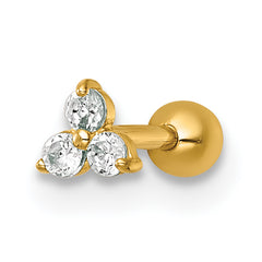 14k 18 Gauge Polished Triple Round CZ Labret Stud