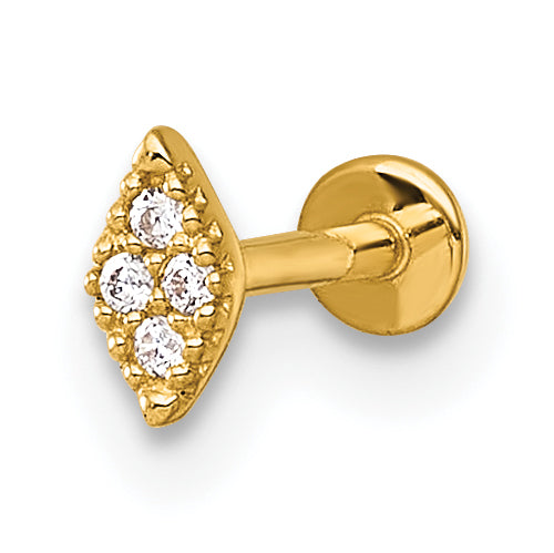 14k 18 Gauge Polished and Textured CZ Navette Labret Stud