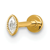 14k 18 Gauge Polished and Textured Marquise-cut CZ Labret Stud