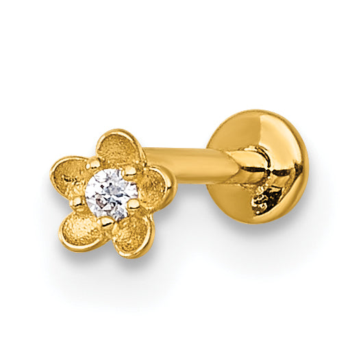 14k 18 Gauge Polished and Satin CZ Flower Labret Stud