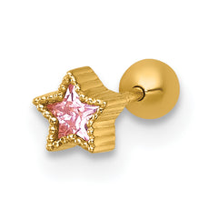 14k 22 Gauge Polished and Beaded Pink CZ Star Labret Stud