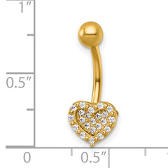 14k 14 Gauge Polished Pave CZ Heart Navel Ring